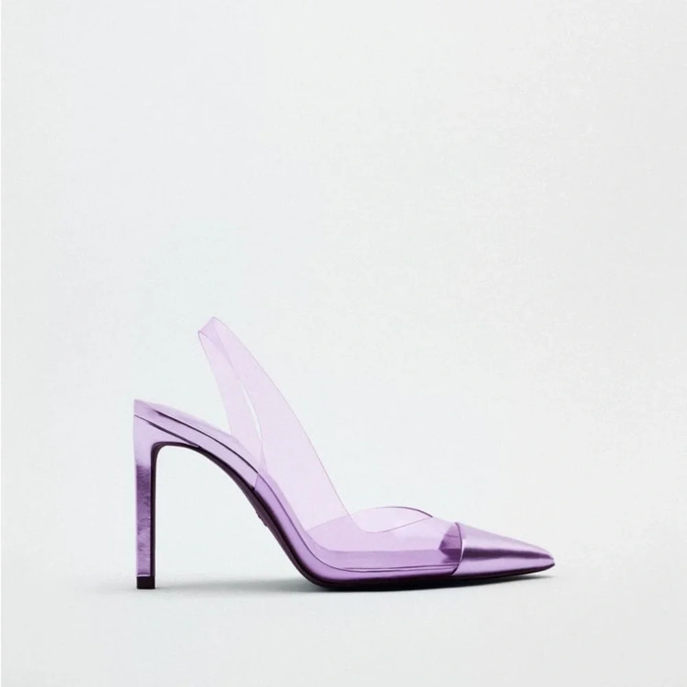 Zara Purple High Heeled Vinyl Sling Back Shoes - Picture 14 of 16